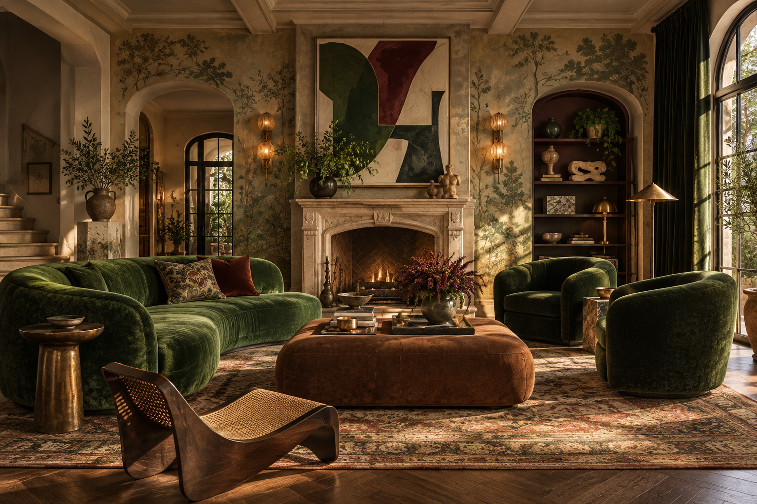 Concept rendering of a cinematic salon with forest-green velvet seating, scenic walls, and warm afternoon light